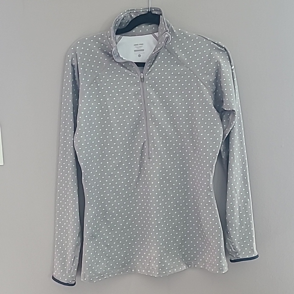 Nike Pro Womens Top Large Green Long Sleeve Hyperwarm 1/2 Zip Pullover Polka Dot